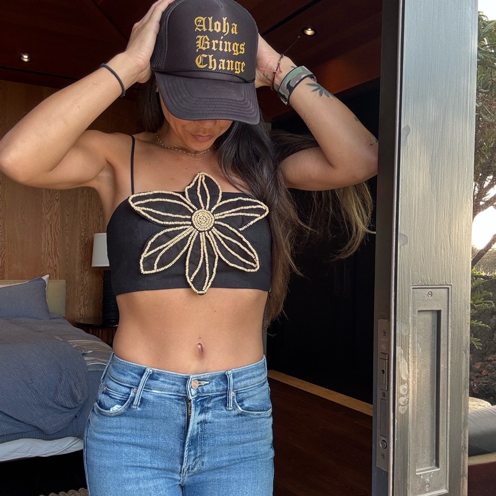 Zara Black and Tan Beaded Flower Crop Top